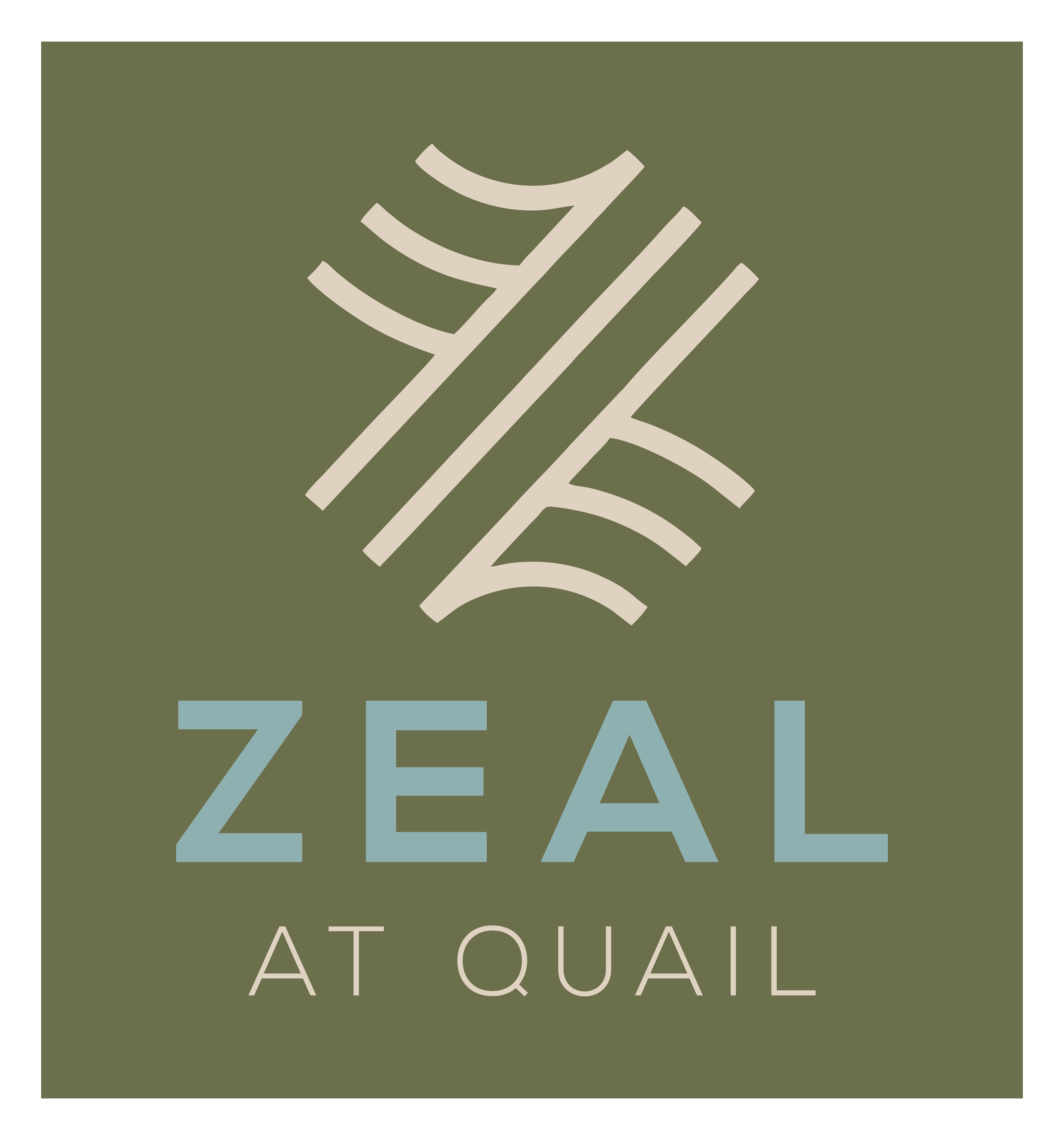 A logo with the text "ZEAL AT QUAIL" in front of a green background.